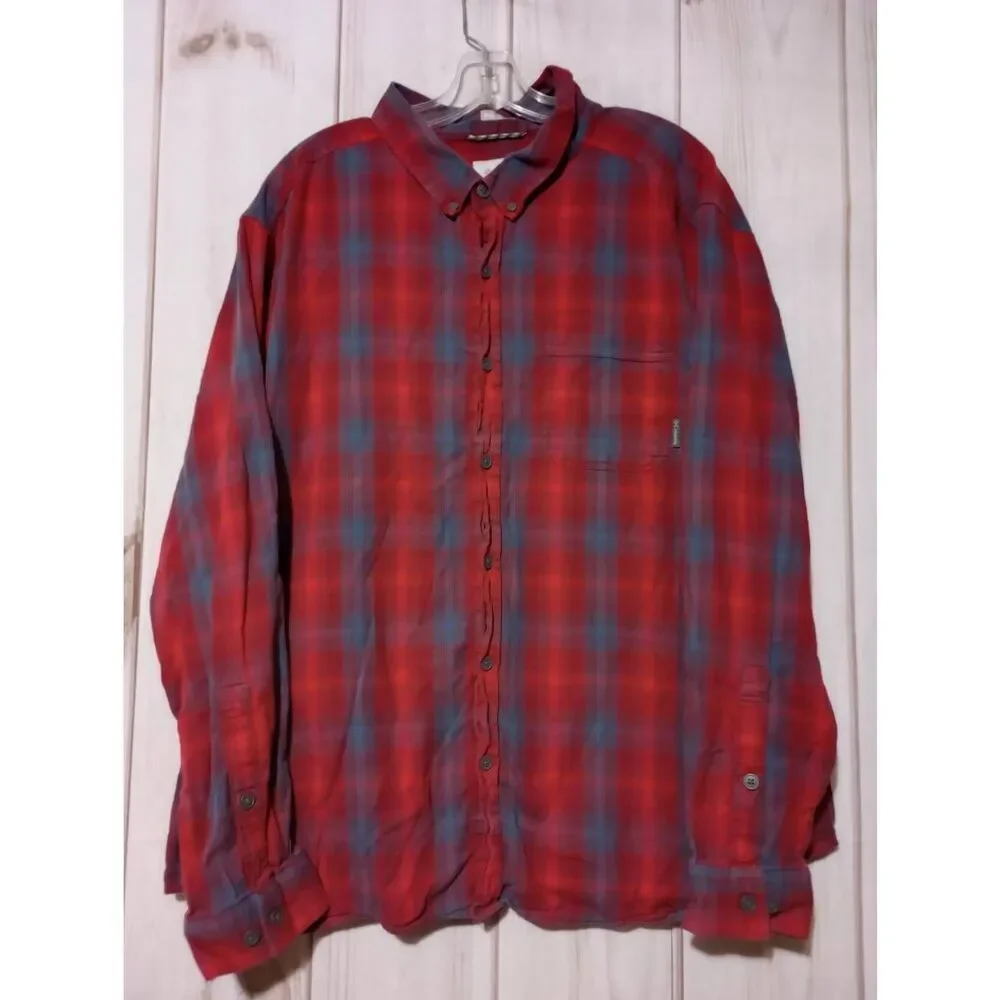 Columbia Shirt Men's 2xl Red Plaid Button Front Long Sleeve Flannel Hiking Outdo